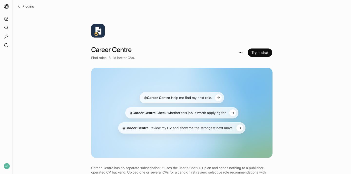 Career Centre plugin page in ChatGPT with starter prompts