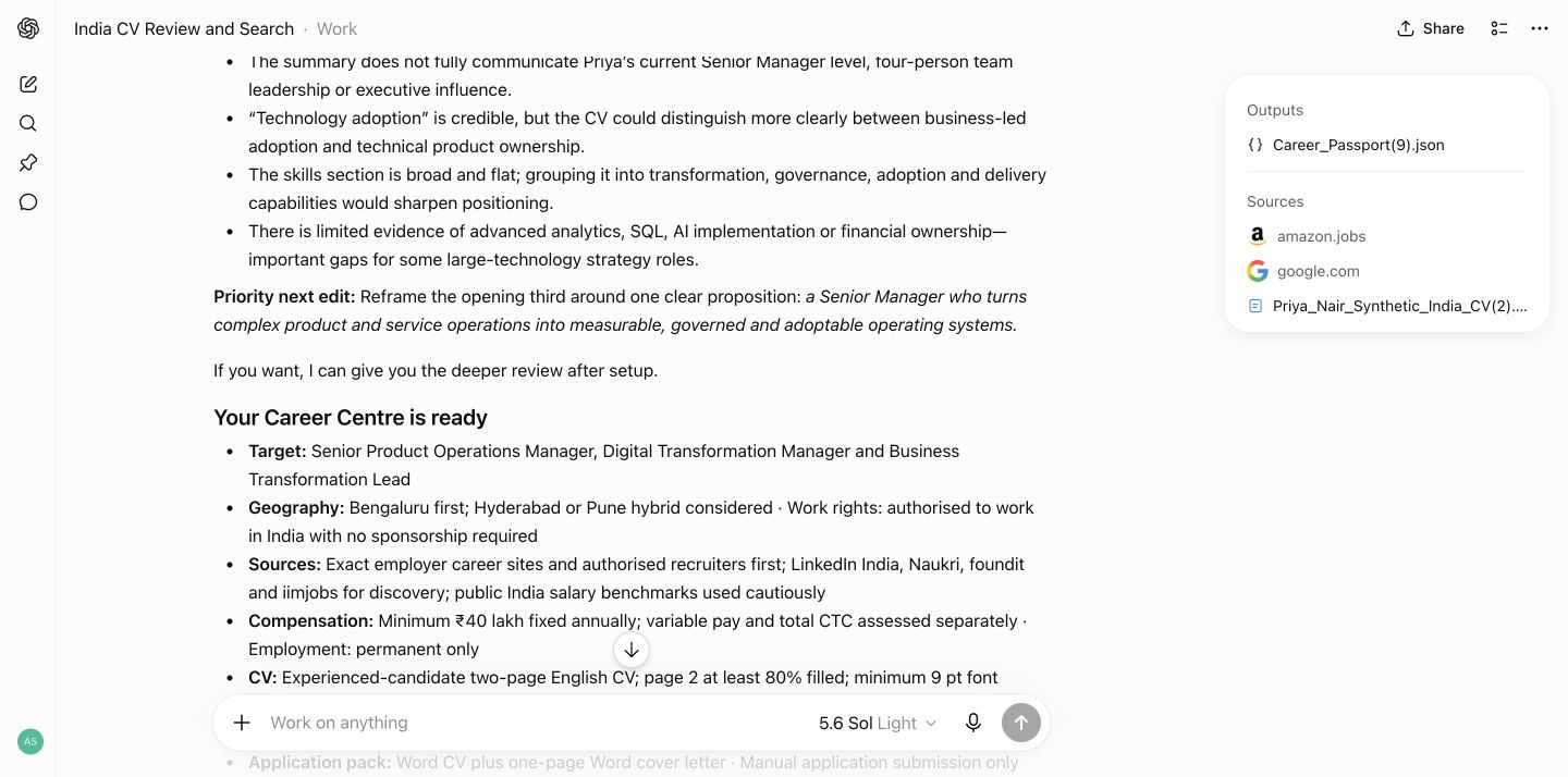 Career Centre readiness receipt in ChatGPT showing search and CV assumptions