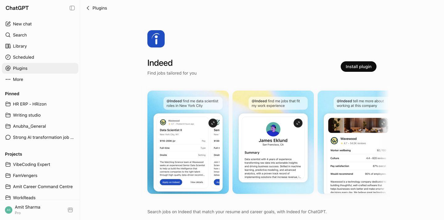Official Indeed plugin page in ChatGPT