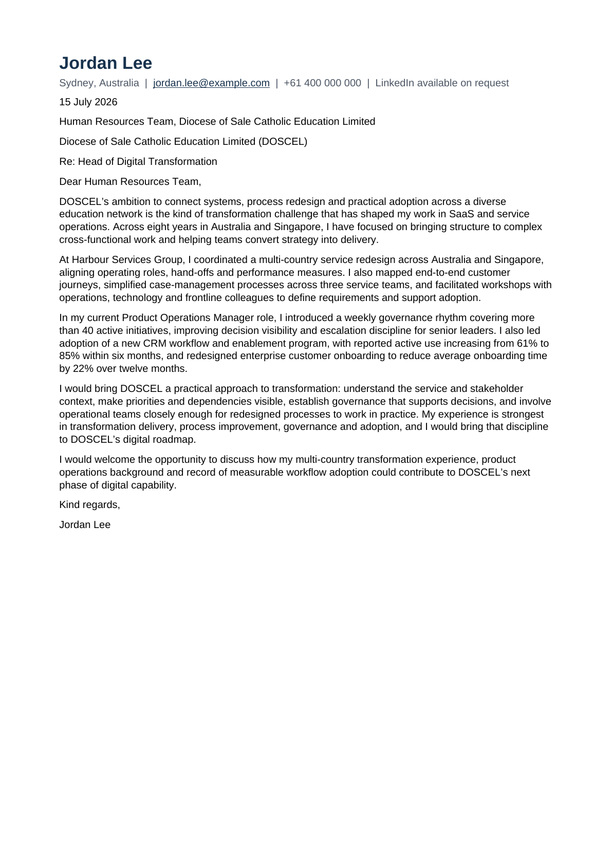 Synthetic one-page Word cover letter created by Career Centre