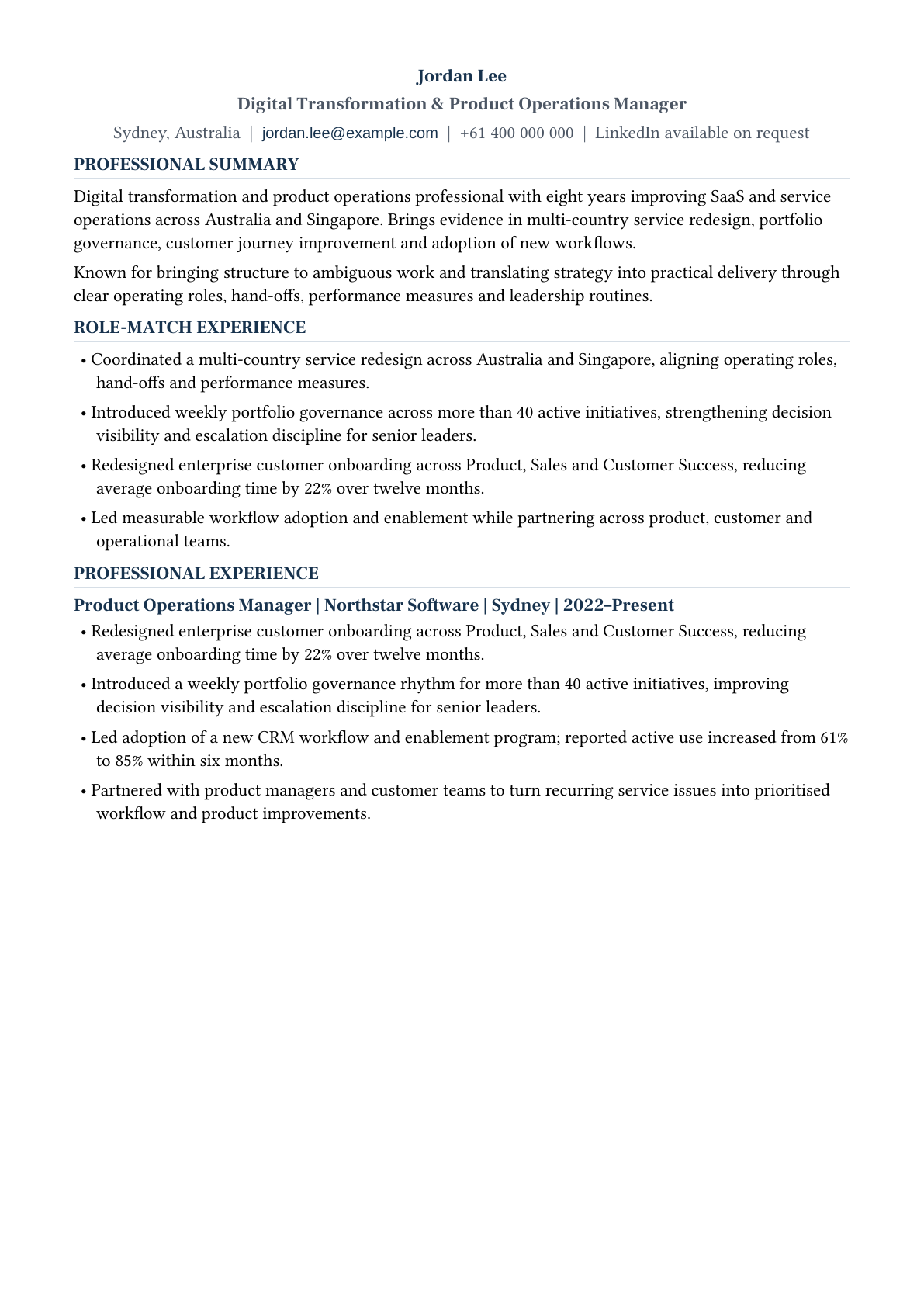 First page of a synthetic two-page Word CV