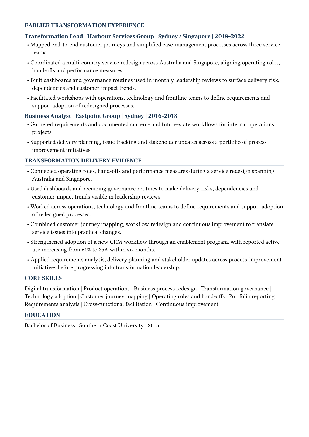Second page of a synthetic two-page Word CV